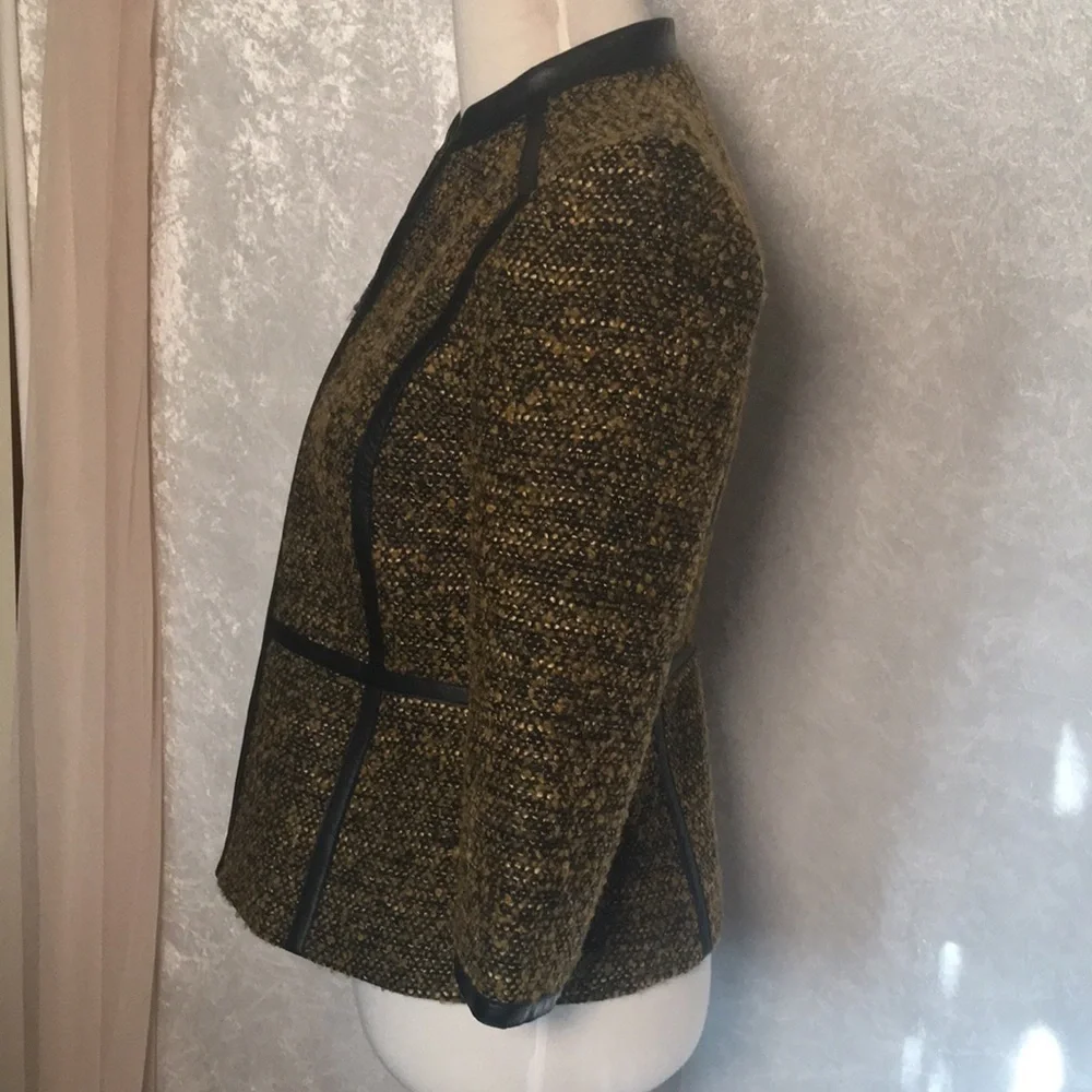 Classiques Entier Black/Brown Leather trim Wool tweed Jacket Size S NWT
